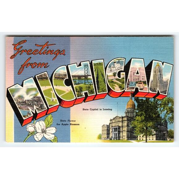 Vintage Michigan Large Letter Linen Postcard State Capitol Lansing Apple Blossom - Picture 1 of 2